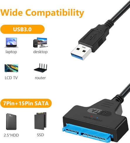 SATA to USB 3.0 Adapter Cable for 2.5 Inch SSD & HDD, External Hard Drive Connector Support UASP SATA III, High Speed Data Transfer Converter for Laptop Data Recovery & Cloning (No 3.5" Drive Support) in Saudi Arabia