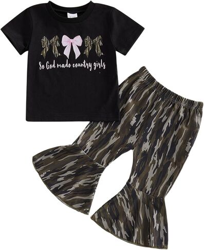 PUHHAPIEY Toddler Baby Girl Clothes Western Camo Country Girl Short Sleeve T-shirt Tee Camouflage Flare Pants Bell Bottoms in Saudi Arabia