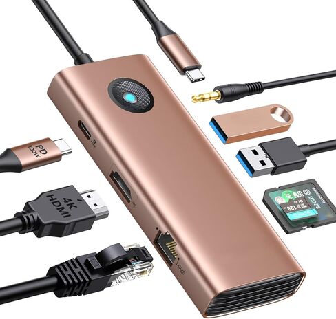 USB C Hub,8-in-1 USB C Docking Station with 4K HDMI, 100W Power Delivery, 2 USB Port 5 Gbps, SD&TF, 3.5mm Audio, Gigabit Ethernet Type C Multiport Adapter for Windows Mac(Gold) in Saudi Arabia