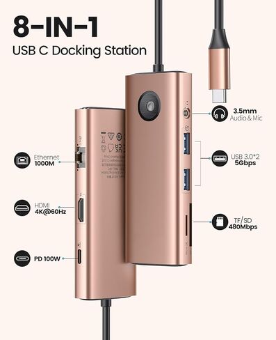 USB C Hub,8-in-1 USB C Docking Station with 4K HDMI, 100W Power Delivery, 2 USB Port 5 Gbps, SD&TF, 3.5mm Audio, Gigabit Ethernet Type C Multiport Adapter for Windows Mac(Gold) in Saudi Arabia