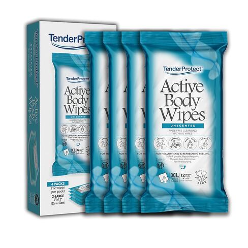 Active Body Wipes, XL Rinse-Free Shower Wipe for Adults, 9" x 12" Extra Large, Aloe, No Rinse Bath Wash Cloth - Gym, Sports, Travel, Camping, Elderly Care, Portable 12 Ct Packs (48 ct) in Saudi Arabia