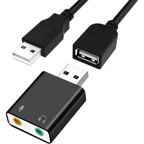 محول صوت لبطاقة الصوت الخارجية بمقبس USB إلى 3.5 مم مع مقبس سماعة رأس وميكروفون مقاس 3.5 مم، وبطاقة صوت ستيريو خارجية لأي جهاز كمبيوتر، من الألومنيوم، مع كابل تمديد USB ذكر إلى أنثى (أسود) in Kuwait