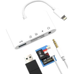 Digital Camera SD Card Reader for iPhone 14 13 Pro Max (5 in 1) Lightning to USB TF 3.5mm Charger Female Adapter Micro Memory Stick OTG Audio Port Male Plug for Ipad Compatible with Samsung in Kuwait