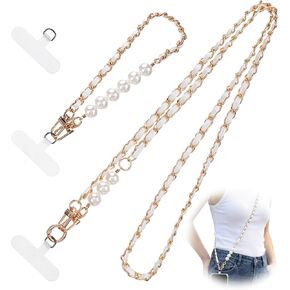 White Chain Metal Phone Lanyard with 2 Tether Tab and 1 Wrist Strap, Anti-Theft Crossbody CellPhone Chain Leather Pearl Phones Strap Cell Phone Neck Holder in Kuwait
