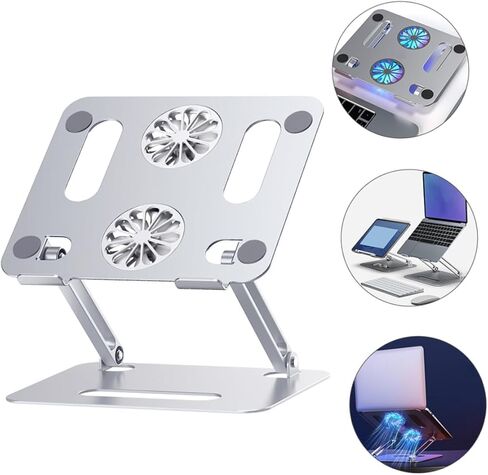 Homoyoyo Adjustable Aluminum Alloy Laptop Cooler Cooling Pad with Dual Fans, Foldable Elevated Notebook Cooler for Gaming and Office Use, Silver in Saudi Arabia
