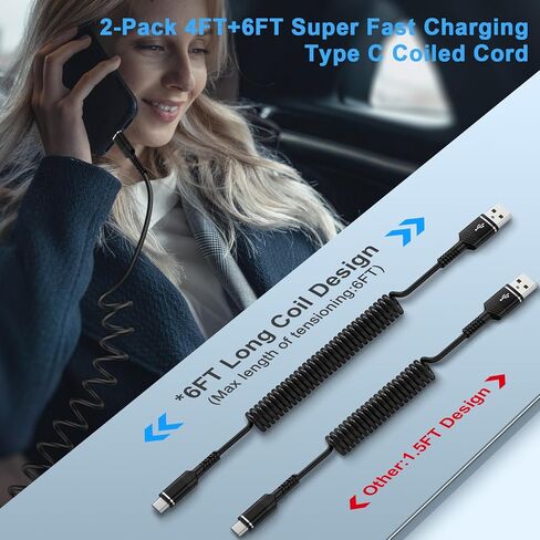 شاحن سيارة قابل للسحب ملفوف سلك USB C iPhone 17 كابل شاحن سيارة Carplay شحن سريع لهاتف iPhone 17 Pro 17 Pro Max Air 16e 16Plus 16 Pro Max 15,4+6FT Android Auto USB Cable for Samsung A17 S25FE in Saudi Arabia