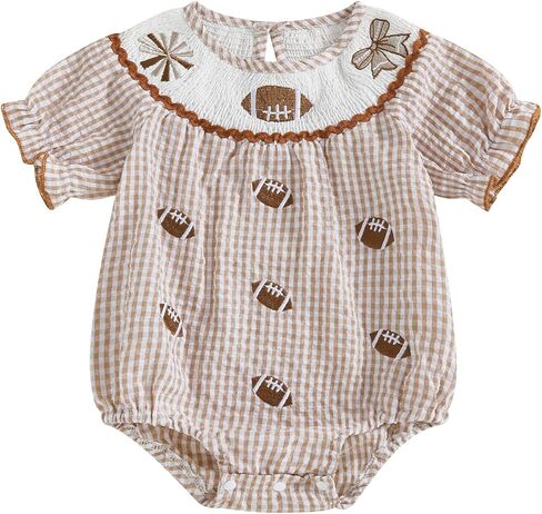 Newborn Baby Girl Football Outfit Rugby Bow Embroidery Plaid Smocked Bubble Romper Bodysuit Cute Football Clothes in Saudi Arabia