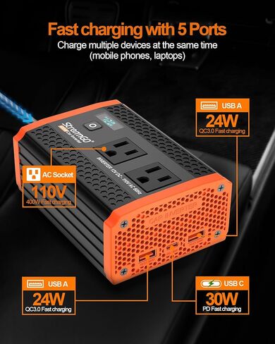 400W Car Power Invertes for Vehicles, with 12V to 110V Dual AC Car Plug Adapter Outlet, USB 24W/30W Fast Charger, Car Cigarette Lighter Adapter for Laptop, Phone on Road Trip Essentials in Saudi Arabia