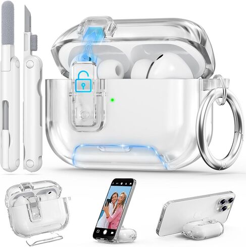 حافظة AirPods Pro 3 شفافة 2025 مع قفل آمن، غطاء حماية شفاف ناعم من مادة TPU لهاتف Apple AirPods Pro الجيل الثالث مع حامل هاتف ومجموعة تنظيف للنساء والرجال مع سلسلة مفاتيح، شفاف in Kuwait