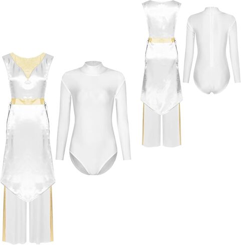 Women Liturgical Worship Dance Overlay Outfit Tunic Dress Leotard and Wide Leg Pants Set(White B,L) in Saudi Arabia