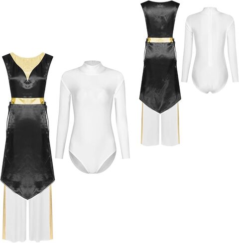 Women Liturgical Worship Dance Overlay Outfit Tunic Dress Leotard and Wide Leg Pants Set(White B,L) in Saudi Arabia