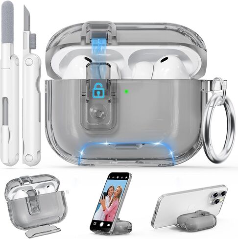 حافظة AirPods Pro 3 شفافة 2025 مع قفل آمن، غطاء حماية شفاف ناعم من مادة TPU لهاتف Apple AirPods Pro الجيل الثالث مع حامل هاتف ومجموعة تنظيف للنساء والرجال مع سلسلة مفاتيح، شفاف in Kuwait