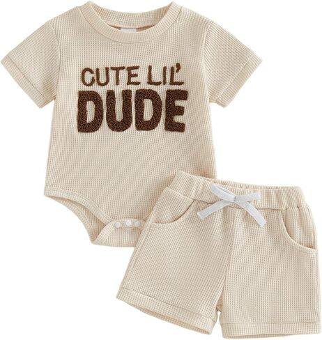 Adobabirl Newborn Baby Boy Summer Clothes Cute Lil' Dude Embroidery Short Sleeve Romper Shorts Set Infant Waffle Outfits in Saudi Arabia