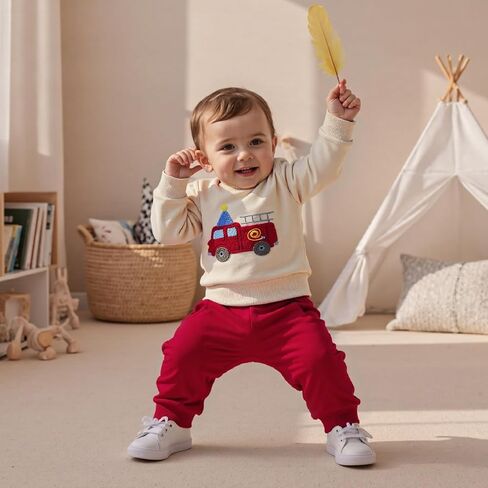 Toddler Baby Boy Birthday Outfit Long Sleeve Crew Neck Truck Embroidery Sweatshirt Pants Fall 1St 2nd Birthday Clothes in Saudi Arabia