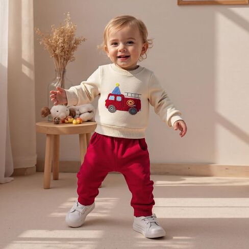 Toddler Baby Boy Birthday Outfit Long Sleeve Crew Neck Truck Embroidery Sweatshirt Pants Fall 1St 2nd Birthday Clothes in Saudi Arabia