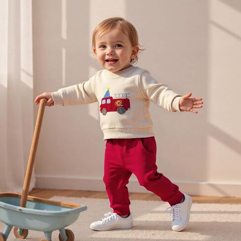 Toddler Baby Boy Birthday Outfit Long Sleeve Crew Neck Truck Embroidery Sweatshirt Pants Fall 1St 2nd Birthday Clothes in Saudi Arabia