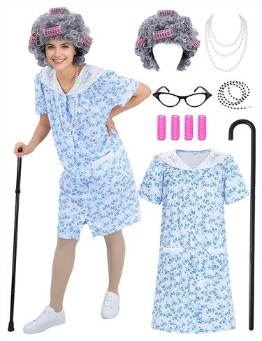 زي السيدة العجوز للبالغين للنساء 100 يوم من الأزياء المدرسية، فستان الجدة للهالوين السيدة العجوز in Kuwait