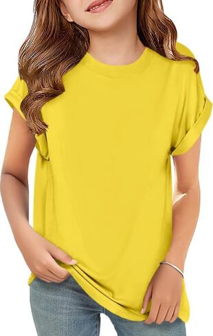 ZDC Girls Short Sleeve T Shirts Kids Crewneck Curve Hem Soft Tunic Tops Summer Tees 5-14 Years in Saudi Arabia