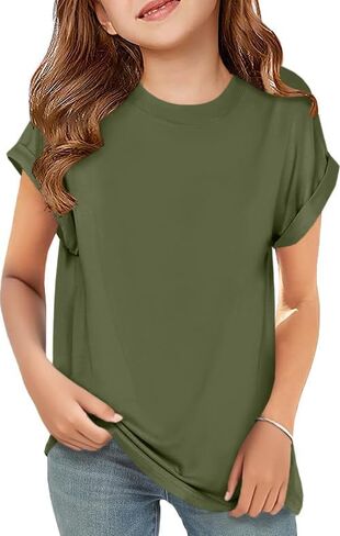 ZDC Girls Short Sleeve T Shirts Kids Crewneck Curve Hem Soft Tunic Tops Summer Tees 5-14 Years in Saudi Arabia