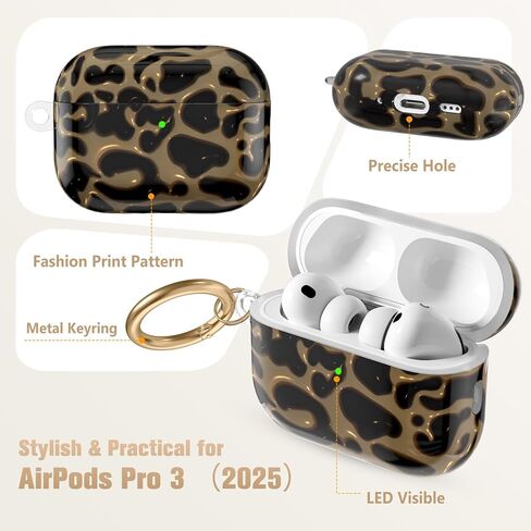 حافظة Leopard for AirPods Pro 3 (2025)، حافظات حماية ناعمة من مادة TPU لأجهزة AirPods Pro الجيل الثالث للنساء. متوافق مع ملحقات حافظة Apple AirPods Pro 3 اللطيفة مع سلسلة مفاتيح، مصباح LED أمامي مرئي in Kuwait