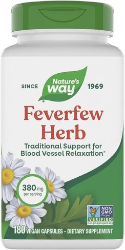 Nature's Way Feverfew Herb, Traditional Support for Blood Vessel Relaxation*, 380 mg per Serving, Non-GMO Project Verified, 180 Vegan Feverfew Capsules (Packaging May Vary) in Saudi Arabia