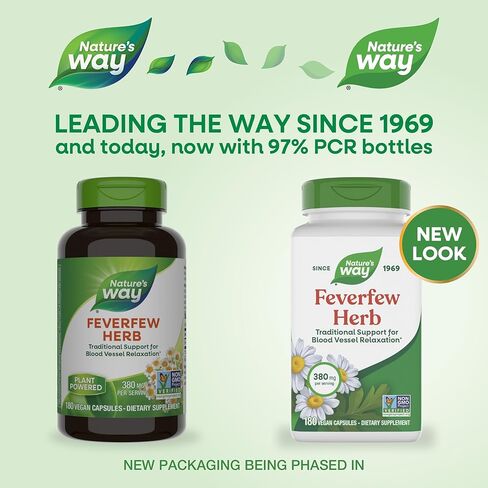 Nature's Way Feverfew Herb, Traditional Support for Blood Vessel Relaxation*, 380 mg per Serving, Non-GMO Project Verified, 180 Vegan Feverfew Capsules (Packaging May Vary) in Saudi Arabia