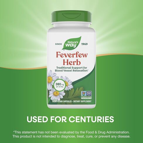 Nature's Way Feverfew Herb, Traditional Support for Blood Vessel Relaxation*, 380 mg per Serving, Non-GMO Project Verified, 180 Vegan Feverfew Capsules (Packaging May Vary) in Saudi Arabia