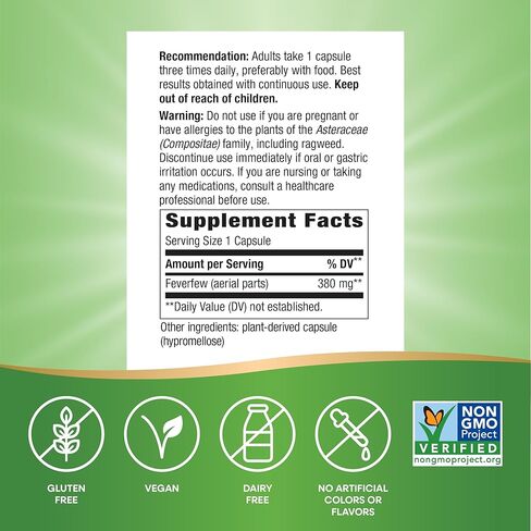Nature's Way Feverfew Herb, Traditional Support for Blood Vessel Relaxation*, 380 mg per Serving, Non-GMO Project Verified, 180 Vegan Feverfew Capsules (Packaging May Vary) in Saudi Arabia