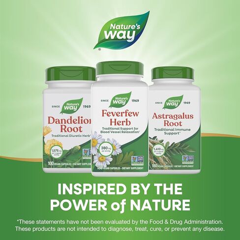 Nature's Way Feverfew Herb, Traditional Support for Blood Vessel Relaxation*, 380 mg per Serving, Non-GMO Project Verified, 180 Vegan Feverfew Capsules (Packaging May Vary) in Saudi Arabia
