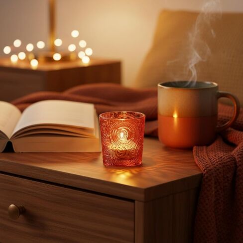 6 Pack Sun Moon Star Embossed Glass Tea Light Candle Holders - Votive Candle Holders for Wedding, Party, Home Decor, and Table Centerpieces (Wildberry Red) in Saudi Arabia