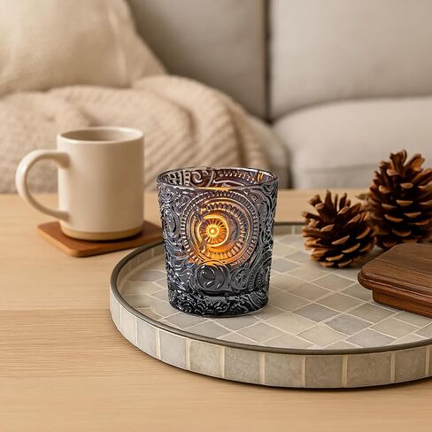 6 Pack Sun Moon Star Embossed Glass Tea Light Candle Holders - Votive Candle Holders for Wedding, Party, Home Decor, and Table Centerpieces (Wildberry Red) in Saudi Arabia