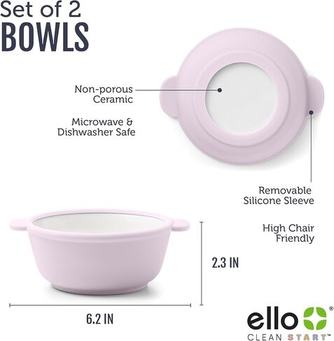 Ello Clean Start Ceramic Toddler Bowls with Sleeves, 2 Pack, Dewdrop/Sugarplum in Saudi Arabia