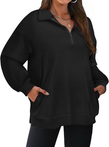 Misyula Style Plus Size Sweatshirts for Women Pockets Quarter Zip Pullover Long Sleeve Drop Shoulder Oversized Tops in Saudi Arabia
