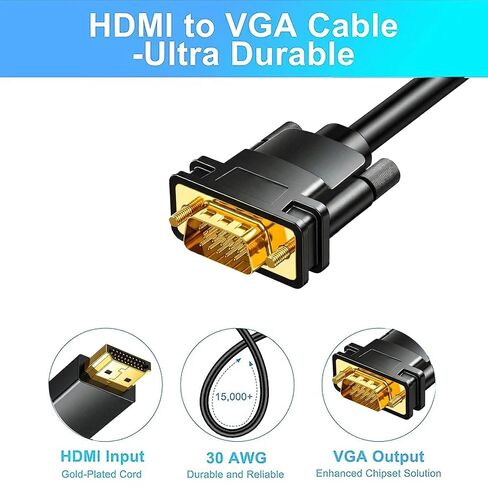 HDMI to VGA Cable 6FT, Uni-Directional HDMI Computer to VGA Monitor Cable 1080P@60Hz Video Cord (Male to Male) Compatible for Computer, Desktop, Laptop, PC, Monitor, Projector, HDTV, Roku, Xbox in Saudi Arabia