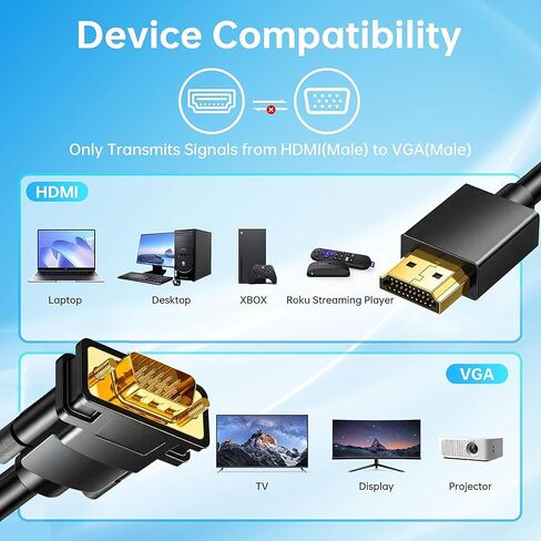 HDMI to VGA Cable 6FT, Uni-Directional HDMI Computer to VGA Monitor Cable 1080P@60Hz Video Cord (Male to Male) Compatible for Computer, Desktop, Laptop, PC, Monitor, Projector, HDTV, Roku, Xbox in Saudi Arabia