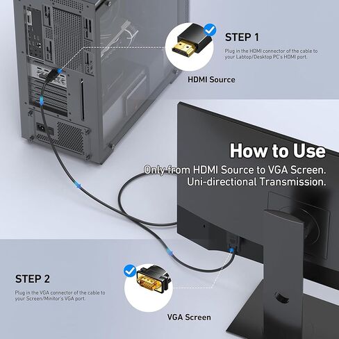 HDMI to VGA Cable 6FT, Uni-Directional HDMI Computer to VGA Monitor Cable 1080P@60Hz Video Cord (Male to Male) Compatible for Computer, Desktop, Laptop, PC, Monitor, Projector, HDTV, Roku, Xbox in Saudi Arabia