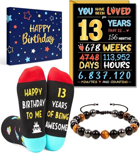 HAPPYPOP 15 Year Old Boy Gifts - Socks 15th Birthday Gift Ideas, Birthday Gift Card Tiger Eye Bracelet Set for Son Nephew in Saudi Arabia