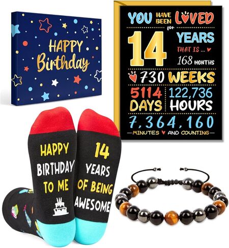 HAPPYPOP 15 Year Old Boy Gifts - Socks 15th Birthday Gift Ideas, Birthday Gift Card Tiger Eye Bracelet Set for Son Nephew in Saudi Arabia
