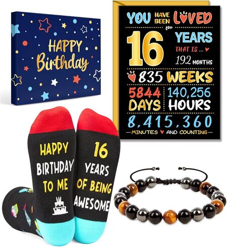 HAPPYPOP 15 Year Old Boy Gifts - Socks 15th Birthday Gift Ideas, Birthday Gift Card Tiger Eye Bracelet Set for Son Nephew in Saudi Arabia