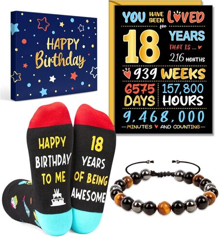 HAPPYPOP 15 Year Old Boy Gifts - Socks 15th Birthday Gift Ideas, Birthday Gift Card Tiger Eye Bracelet Set for Son Nephew in Saudi Arabia