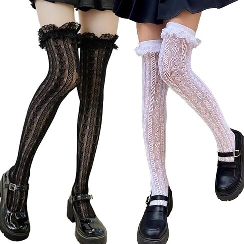 2 Pairs Lace Thigh High Stockings With Bows Y2K Lace Socks Over Knee Long Stocking in Saudi Arabia