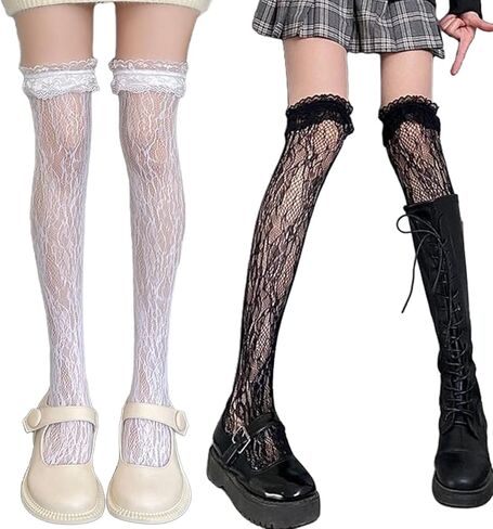 2 Pairs Lace Thigh High Stockings With Bows Y2K Lace Socks Over Knee Long Stocking in Saudi Arabia