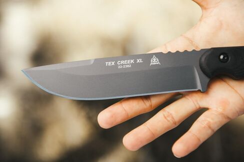 Tops Knives Tex Creek XL Full Tang Fixed Blade Knife- Sniper Gray Blade Finish- Brown Leather Sheath w/Belt Loop (Black Canvas Micarta Handle) in Saudi Arabia