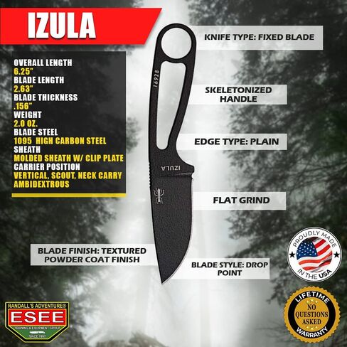 ESEE Knives Izula Fixed Blade Knife w/Survival Kit, Sheath & Clip Plate (Black) in Saudi Arabia