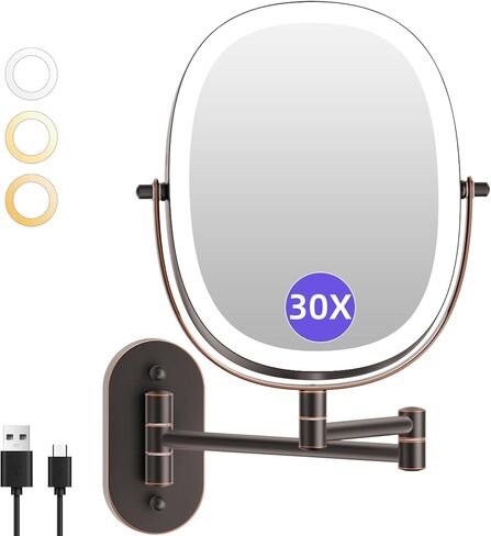 مرآة مكياج مضيئة مثبتة على الحائط من FUNTOUCH 30X/1X، مرآة مكبرة مزدوجة الجوانب قابلة لإعادة الشحن بقدرة 5000 مللي أمبير في الساعة، مرآة مضاءة للحمام، 3 أوضاع ألوان تعمل باللمس، ذراع ممتدة قابلة للتعتيم بدوران 360 درجة، فرشاة من النيكل in Kuwait