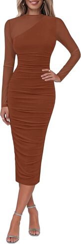 Lazysmile Long Sleeve Mesh Dresses for Women Mock Neck Ruched Bodycon Elegant Cocktail Club Party Wedding Guest Dress in Saudi Arabia