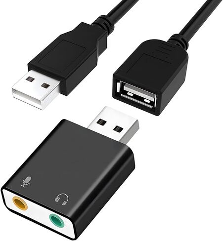 محول صوت لبطاقة الصوت الخارجية بمقبس USB إلى 3.5 مم مع مقبس سماعة رأس وميكروفون مقاس 3.5 مم، وبطاقة صوت ستيريو خارجية لأي جهاز كمبيوتر، من الألومنيوم، مع كابل تمديد USB ذكر إلى أنثى (أسود) in Kuwait