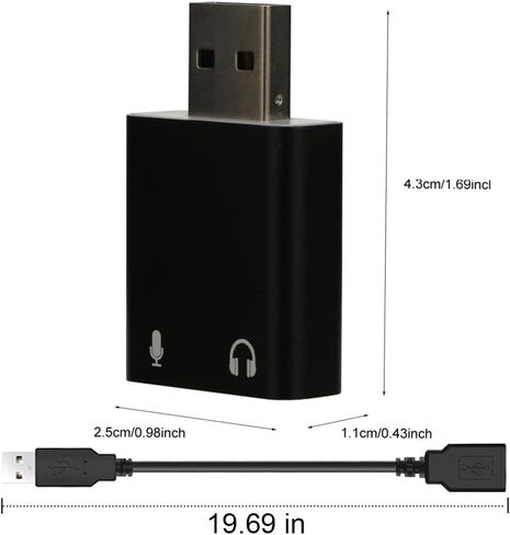 محول صوت لبطاقة الصوت الخارجية بمقبس USB إلى 3.5 مم مع مقبس سماعة رأس وميكروفون مقاس 3.5 مم، وبطاقة صوت ستيريو خارجية لأي جهاز كمبيوتر، من الألومنيوم، مع كابل تمديد USB ذكر إلى أنثى (أسود) in Kuwait