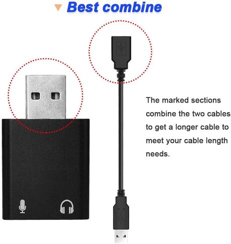 محول صوت لبطاقة الصوت الخارجية بمقبس USB إلى 3.5 مم مع مقبس سماعة رأس وميكروفون مقاس 3.5 مم، وبطاقة صوت ستيريو خارجية لأي جهاز كمبيوتر، من الألومنيوم، مع كابل تمديد USB ذكر إلى أنثى (أسود) in Kuwait