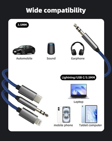 سلك Aux لـ Iphone Lightning USB C 3.5 مم إلى كابل الصوت (1.2 متر) لـ Apple 17 16 15 14 13 Pro Max سماعة رأس محول ملحقات السيارة منفذ نوع C جاك ذكر قابس ستيريو مقسم متوافق مع Samsung S25 in Kuwait